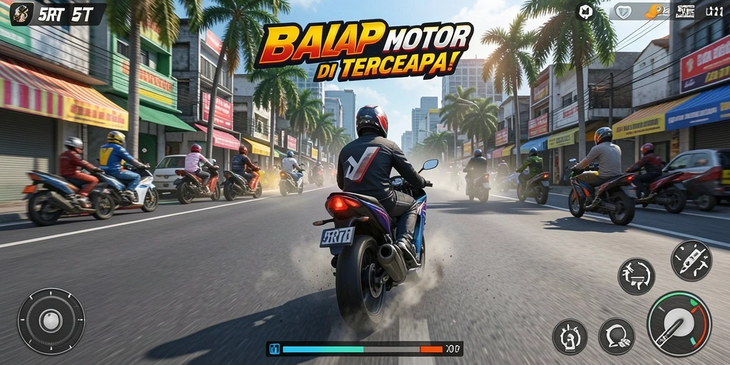 Gameplay 5RT menampilkan balapan motor yang intens dan mendebarkan.