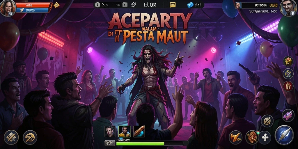 Screenshot gameplay ACEPARTY menampilkan momen mencekam di pesta yang menyeramkan.