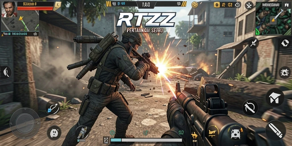 Tangkapan layar gameplay RTZZ menampilkan aksi seru dalam pertarungan TPS.